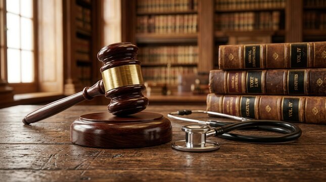 Legal proceeding for medical malpractice featuring a wooden gavel, stethoscope, and law books.