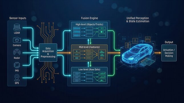 Sensor fusion engine architecture for unified perception and state estimation in self-driving cars.