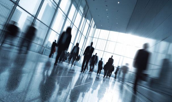 Crowd of motion blurred business people walking in large bright hall, unusual perspective from lower ground. Generative AI