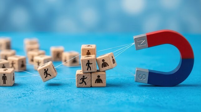 Concept for talent acquisition and social networking strategy featuring a magnet pulling wooden cubes with people icons.