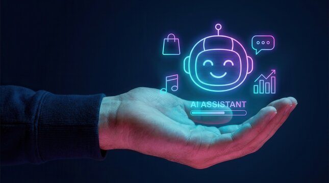 Neon AI assistant robot icon floating above an open hand representing a digital concierge.