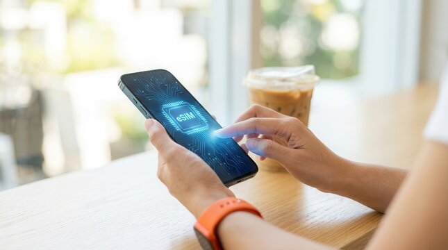Mobile communication technology concept featuring eSIM on a smartphone in a cafe setting.