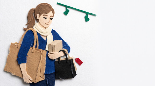 Young woman holding shopping bags and smiling in a cozy indoor setting  