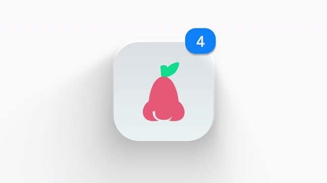Rose apple java apple app icon featuring animated notification badge with counter 1 to 99, dynamic shadow effect, minimalist fresh tropical fruit concept, on white background. 