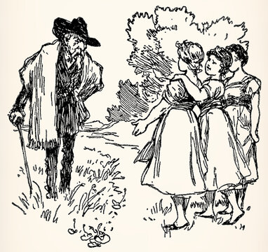 Pen drawing by Arpad Schmidhammer accompanying a poem by Edgar Steiger in the magazine "Jugend", 1904. Antique stylized illustration.