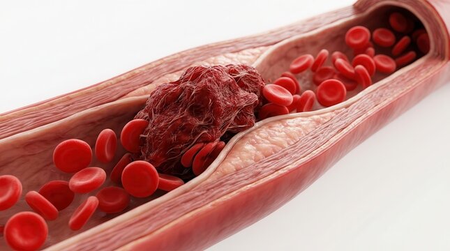 A blood clot inside a human artery obstructing the flow of red blood cells, depicting heart disease.