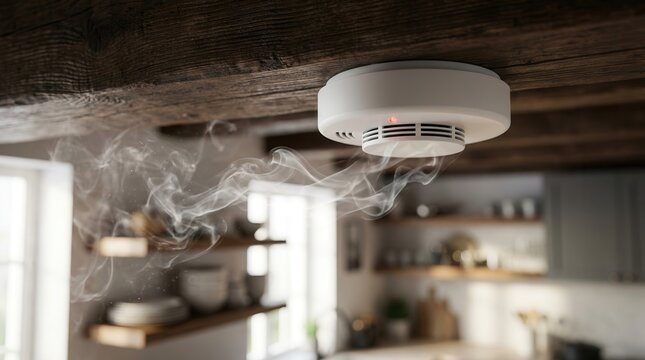 A close-up of a ceiling smoke alarm during a safety inspection amidst swirling smoke.