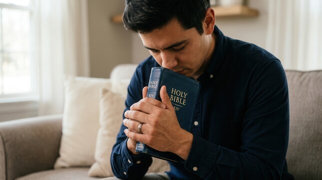 A Christian man in prayer and worship, holding a holy bible while seeking confession and spirituality.