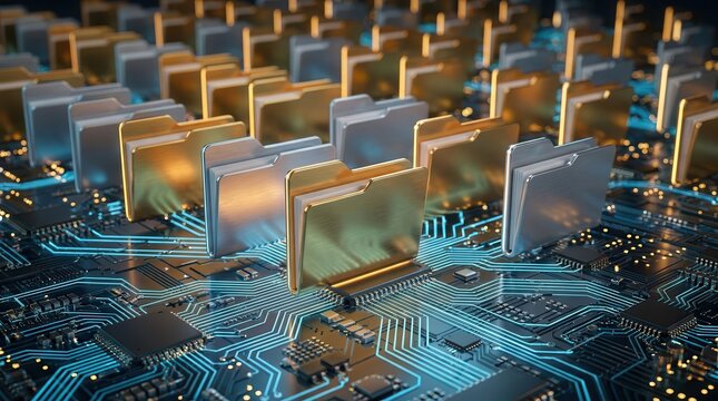 Close-up of digital file system folders on a circuit board for data governance and security.