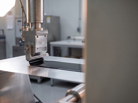 Close-up of automated slot-die coater depositing black cathode slurry onto continuous aluminum foil in a battery manufacturing facility