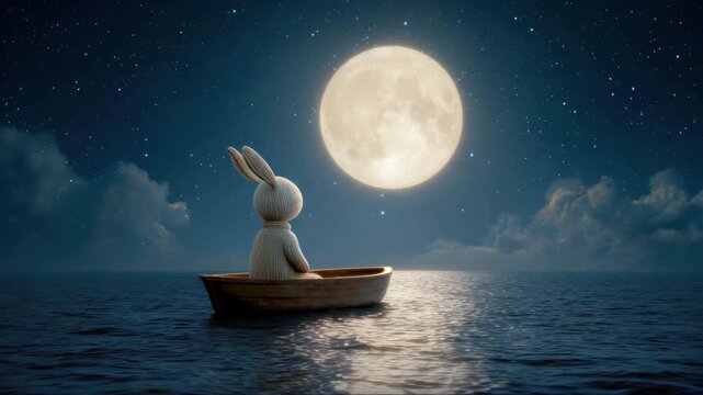 A rabbit in a boat is sailing on the night sea under a huge full moon. Childhood dream concept, Asian tradition, Mid-Autumn Festival