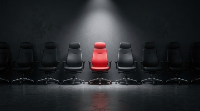 Job interview and talent selection concept featuring a red chair as the odd one out in a spotlight.