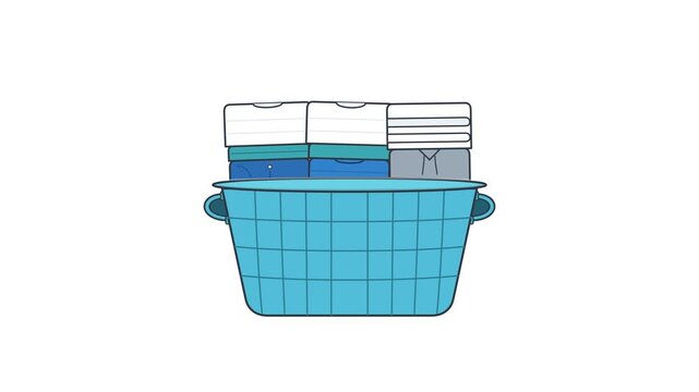 A blue plastic laundry basket filled with neatly folded clean clothes and folded linens against a white background