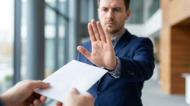 Corporate compliance concept of a businessman rejecting a bribe with a hand stop gesture.
