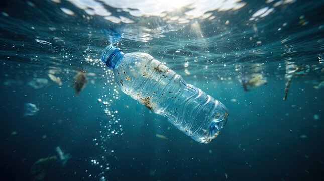 Polluted ocean water with a plastic bottle floating underwater, symbolizing the need for ecosystem restoration.