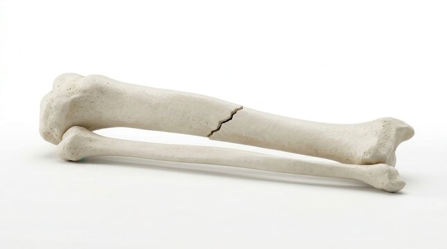 Human tibia and fibula bones with a fracture crack for healthcare and medical study.