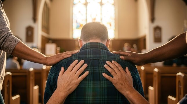 Supportive group of Christians offering prayer and blessing to a person in church.