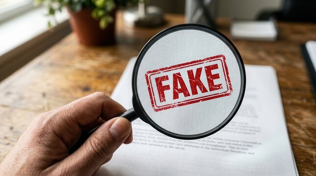 Investigative journalism and fraud detection concept showing a hand holding a magnifying glass over a FAKE stamp.