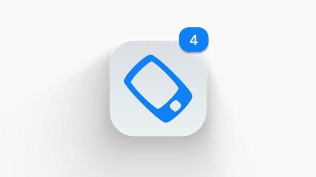 Handheld phone app icon featuring animated notification badge with counter 1 to 99, dynamic shadow effect, minimalist smartphone mobile cellular device concept, on white background. 