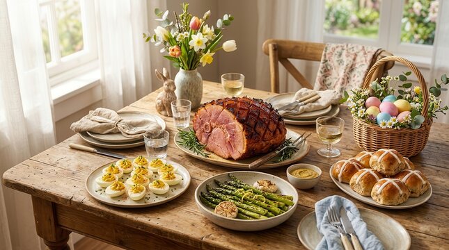 Spring holiday dining scene with glazed ham, roasted asparagus, deviled eggs, and a basket of colorful easter eggs.