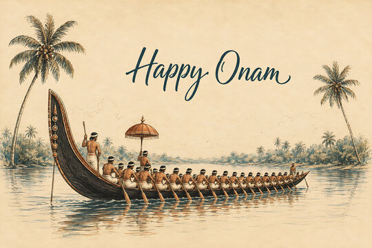 Vintage drawing of traditional snake boat race on river water celebrating happy onam which is a beautiful south indian festival in kerala