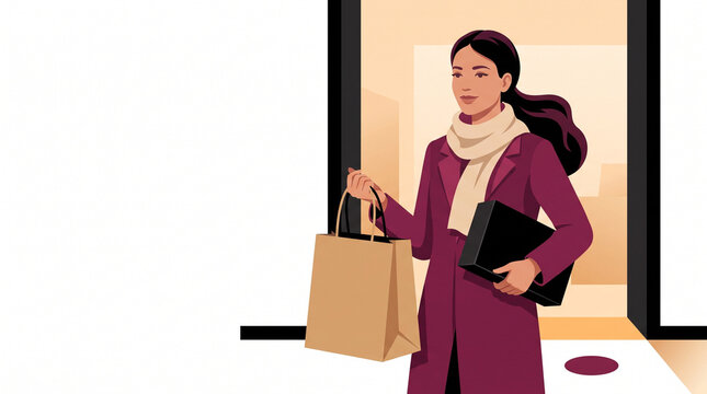 Young woman carrying shopping bags and a laptop bag at the doorway  