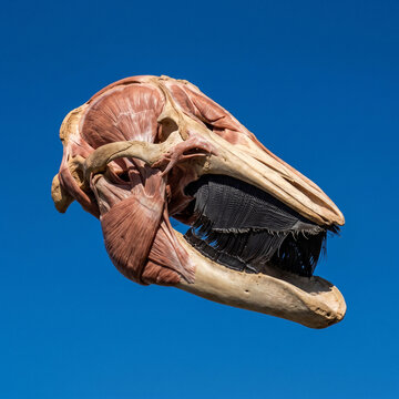 Anatomical whale head specimen displaying detailed red muscle tissue, pale bone structure, and dark baleen plates under bright sunlight against a clear blue sky.
