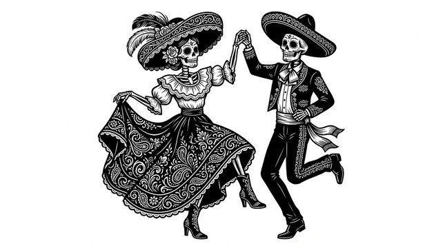 Dancing skeleton couple in traditional mexican attire for dia de muertos festive celebration