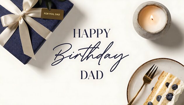 Happy Birthday Dad greeting with gift box candle and cake slice