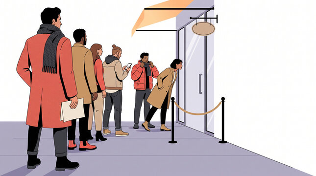 Group of diverse people queuing outside a shop on a city street  