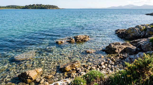 Crystal clear Mediterranean seawater surrounds a rocky coastline with a distant island