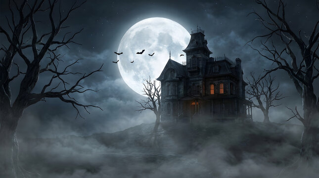 Spooky victorian haunted house silhouette under bright full moon with dead trees and thick fog for dark gothic halloween horror atmosphere.
