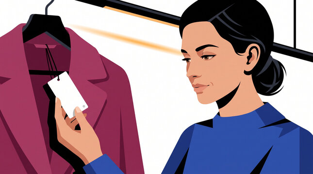 Woman examining price tag of a coat in a clothing store  