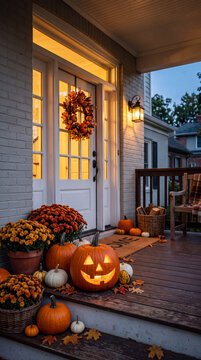 Front porch with a glowing jack-o'-lantern, pumpkins, chrysanthemums, and autumn wreath. Fall decor, festive mood, home entrance, Halloween.