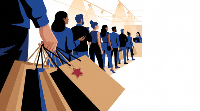 Customers standing in line with shopping bags in a retail store  