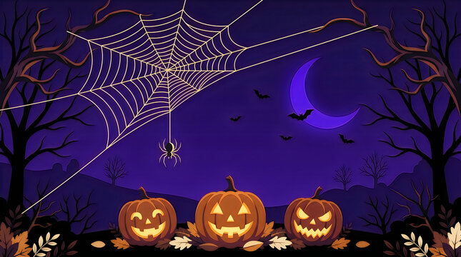 A spooky halloween scene featuring three glowing jack o lanterns sitting under a large spider web against a dark purple night sky background