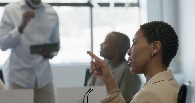 Diverse team at table after woman in blazer removing glasses, Senior presenting tablet, copy space