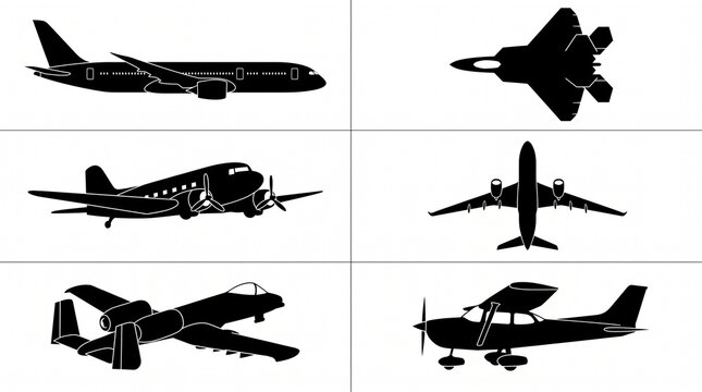 Airplanes and aircraft vector silhouettes set, commercial jet, fighter jet, propeller planes. aviation transportation icons for de
