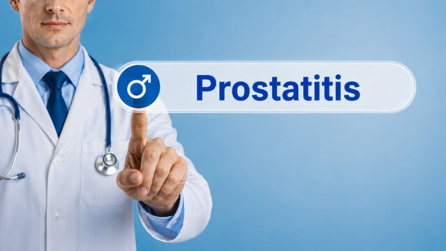 Male doctor presenting prostatitis search with male symbol for urology diagnosis treatment and mens reproductive health.