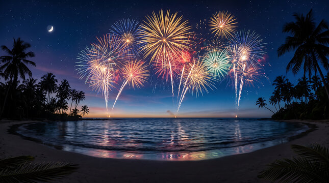 Colorful fireworks exploding over tropical beach landscape at night during