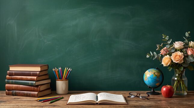 Vintage classroom setup with books globe and autumnal floral arrangement