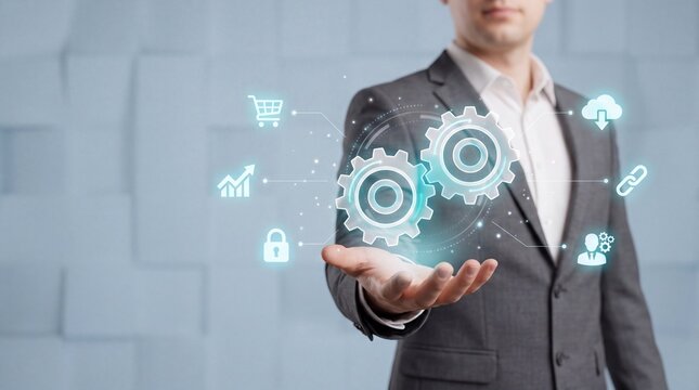 A businessman holding glowing gears and icons representing technology and innovation in a modern office setting.