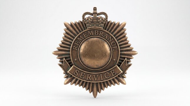 A bronze remembrance service badge with a crown and starburst design