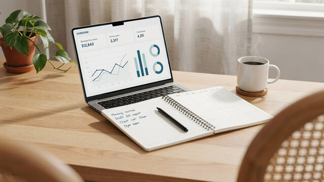 Person working on laptop showing financial overview with charts and notes on wooden table beside coffee mug