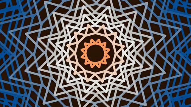 Intricate geometric mandala pattern with interlocking blue and orange lines