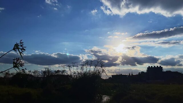 Sun rays breaking through clouds over silhouetted reeds at sunset