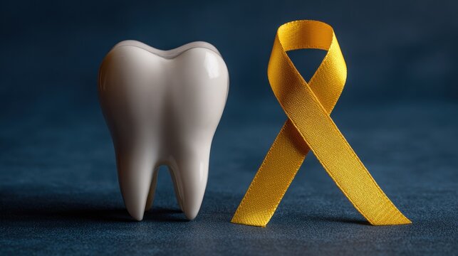 Large white tooth with a yellow ribbon on a dark blue background symbolizes dental care celebration --ar 16:9 
