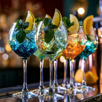 Colorful gin and tonic cocktails in tall glasses decorated with mint and lemon wedges on a bar counter, food photography, photorealistic illustration