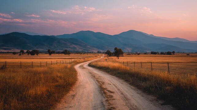 Golden hour country road. Dirt road leading through a field towards the sunset over the mountains, perfect for travel and nature themes. 
