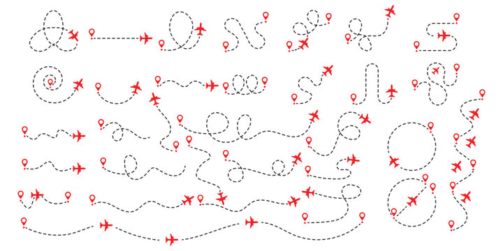 Airplane with dotted line route. Hand drawn flying plane symbol with twisted, straight and heart shaped dashed trace path, curve dotted line vector set. Dotted travel path symbol. 